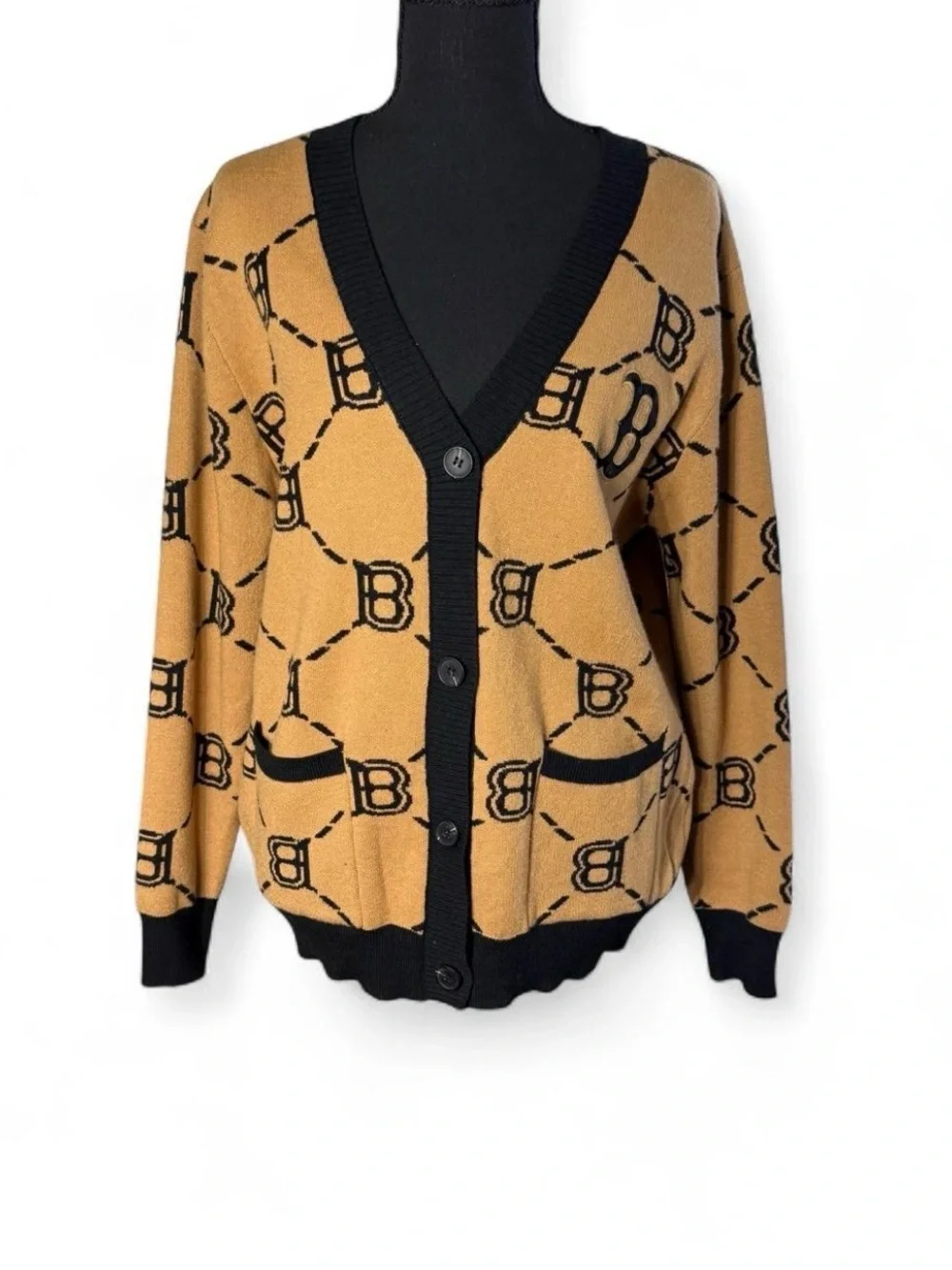 Black-Trim Camel Patterned Cardigan Sweater
